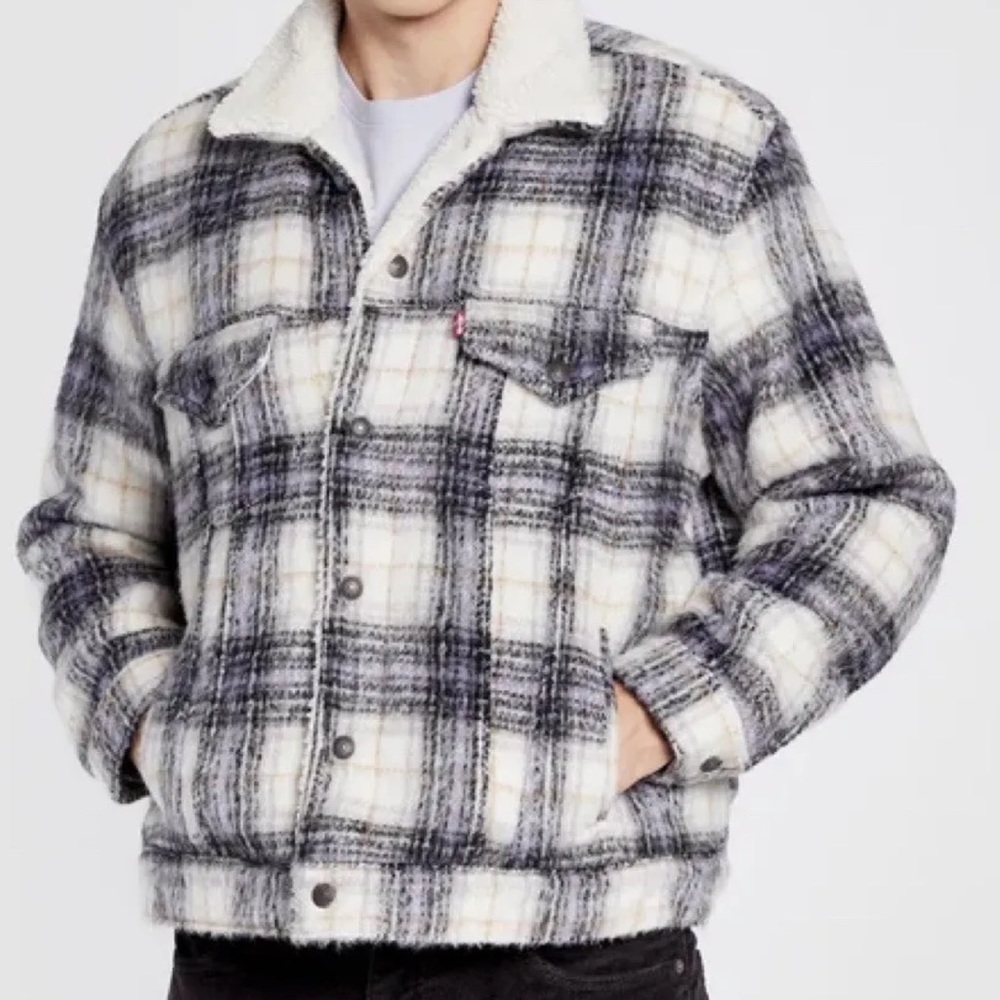New Levi’s Premium VINTAGE RELAXED FIT SHERPA TRUCKER JACKET Tofu Plaid Large